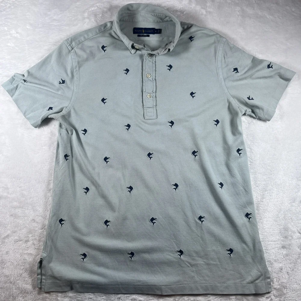 Men's Ralph Lauren Knit Oxford Polo Short Sleeve Blue Marlin Pattern Size L